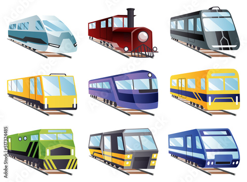 Train engine flat cartoon collection. Railroad passenger trains and carriages. Train transport railway, carriage travel, wagon transportation passenger