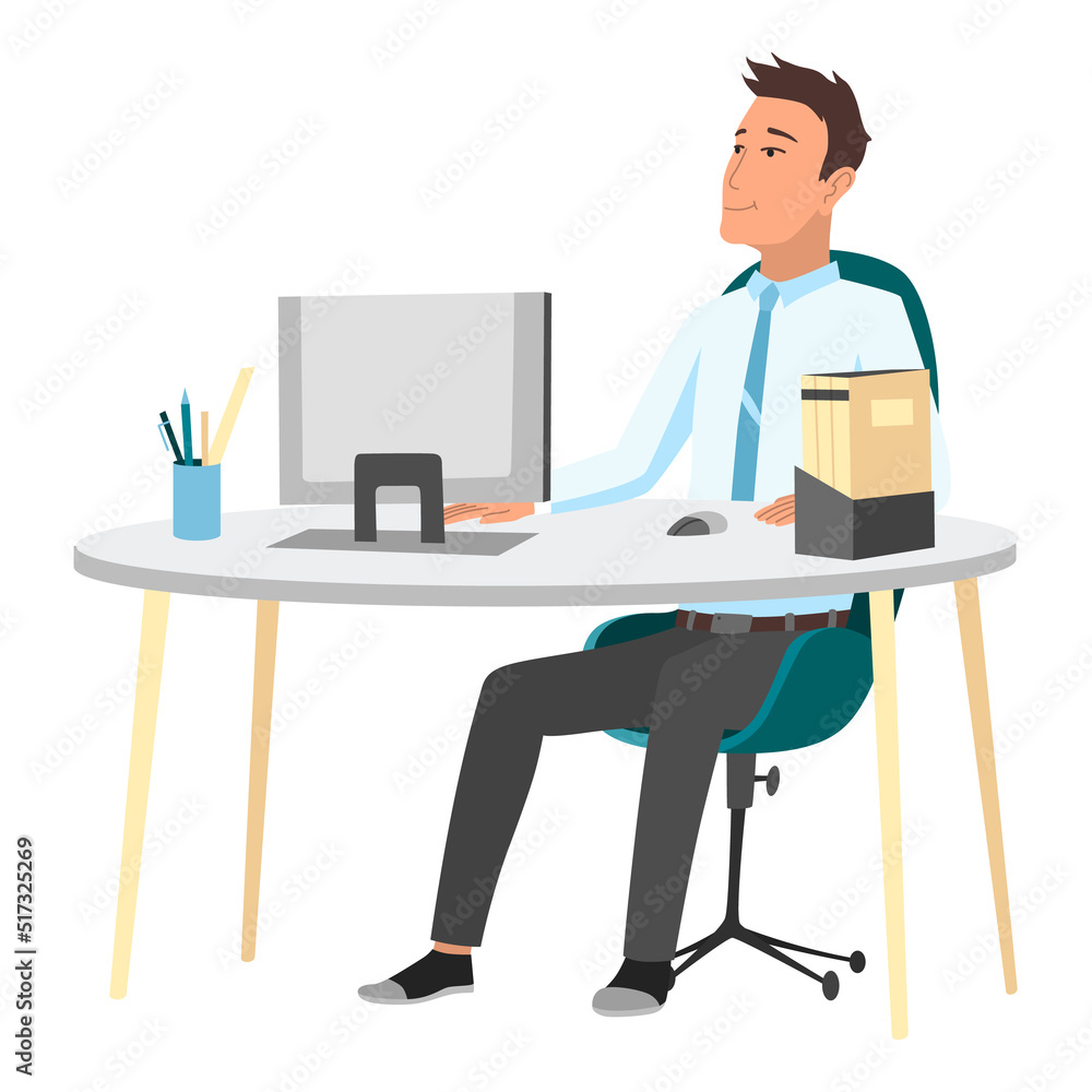 Office worker dreaming about vacation. Business man is relaxing and dreaming about something at his work place. Modern office interior. Business concept Office worker dreaming about vacation. Business man is relaxing and dreaming about something at his work place. Modern office interior. Business concept