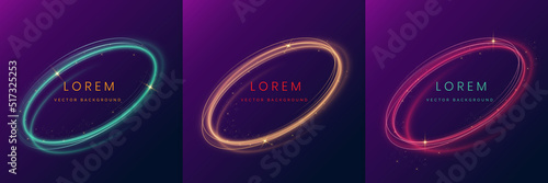 Set of blue, gold, red, spiral glowing neon lighting and sparkle frame design on dark blue and purple background with copy space for text.