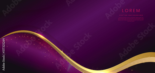 Abstract 3d gold curved ribbon on violet background with lighting effect and sparkle with copy space for text. Luxury design style.