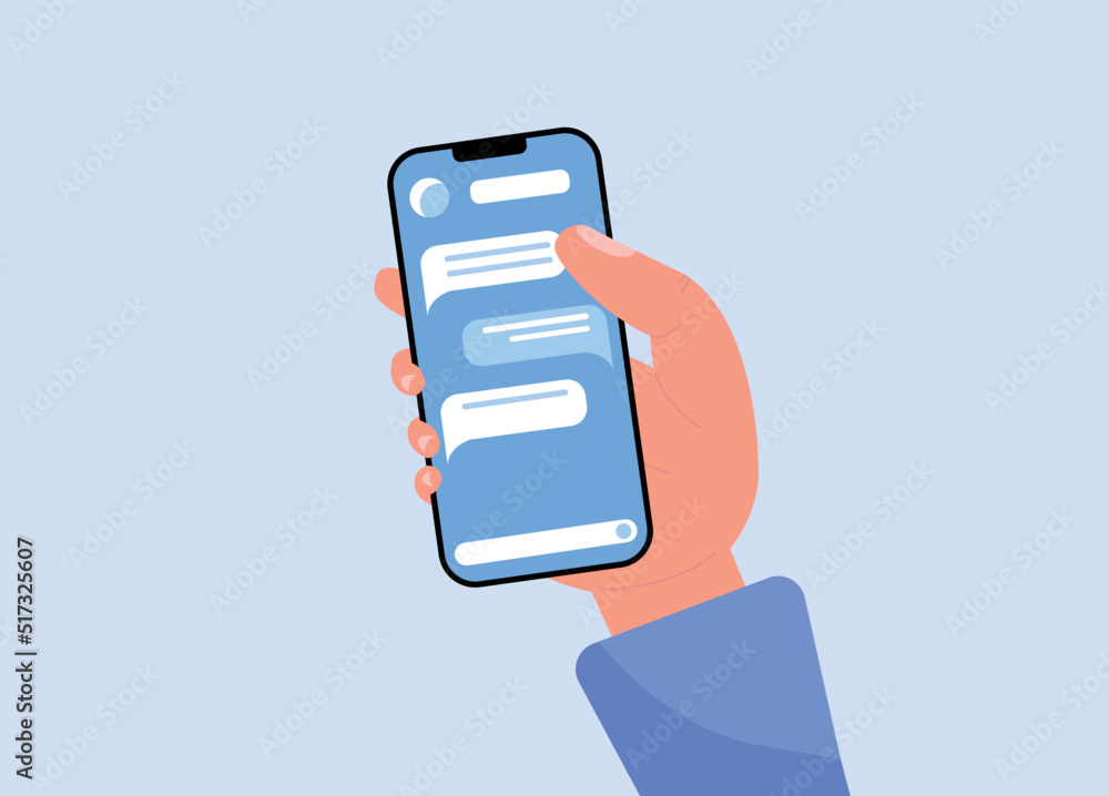 Male hand holding phone for chatting in social media flat vector illustration. Cartoon hand communicates in internet. Mobile user interface. Chat application template with sending messages Male hand holding phone for chatting in social media flat vector illustration. Cartoon hand communicates in internet. Mobile user interface. Chat application template with sending messages