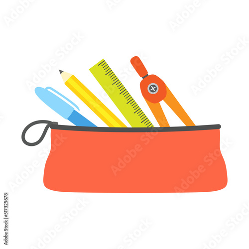 school pencil case with stationery isolated on white