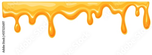 Photo Liquid bee honey drops drip from border, yellow syrup, amber oil and sweet caram