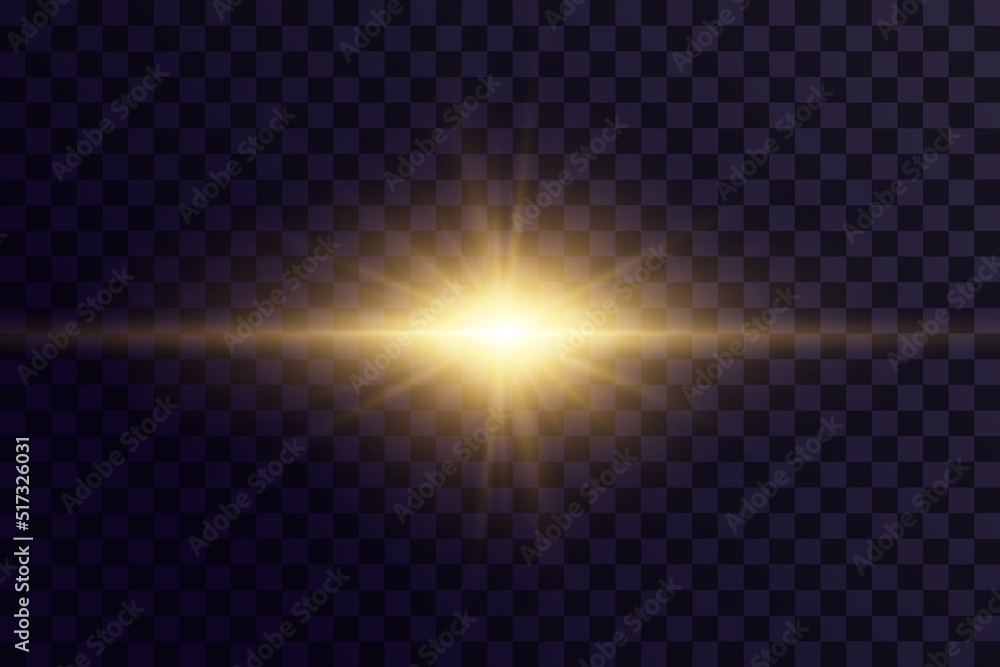 Shining golden stars. Light effects, glare, bokeh, glitter, explosion, golden light. Vector illustration.
