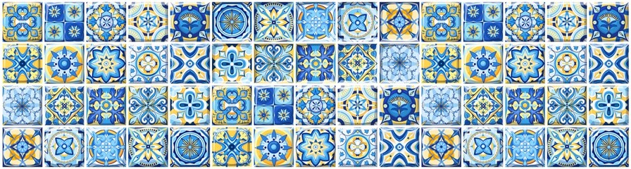 Keuken achterwand Portugese tegeltjes patronen Azulejo tiles, blue and yellow square pattern, Portuguese and Spanish ceramic tilework  © Victoria Sergeeva