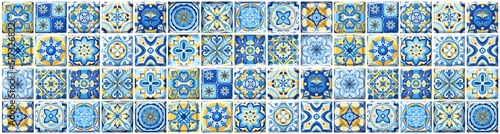 Azulejo tiles, blue and yellow square pattern, Portuguese and Spanish ceramic tilework