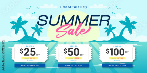 Summer sale coupon template banner vector design. Rising sun on the sea