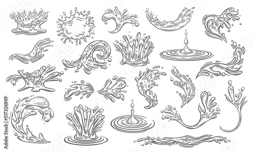 Water splashes line icons set, marine ripples and liquid drip, ocean or sea waves