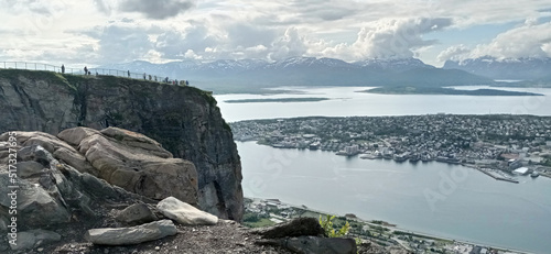 Panoramic view of Tromso city in Norway from Mt. Storsteinen in summer. A famous view from the top of fjellheisen, Tromso. photo