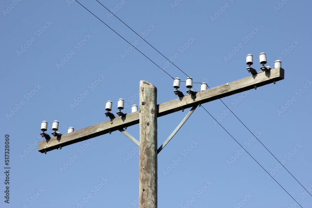 Power lines / telephone lines and support pole with insulators