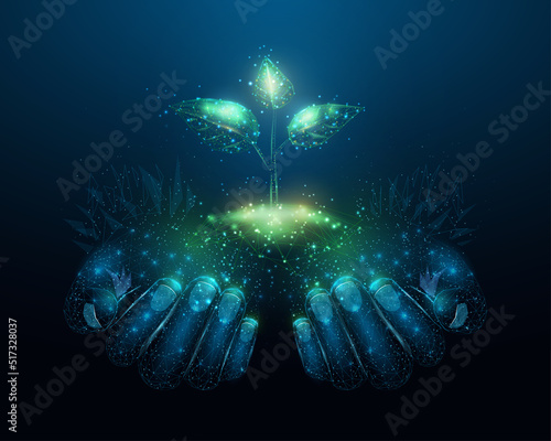 Two human hands are holds green sprout. Glowing low poly hands and plant on dark blue background. Wireframe low poly design. Abstract futuristic vector illustration