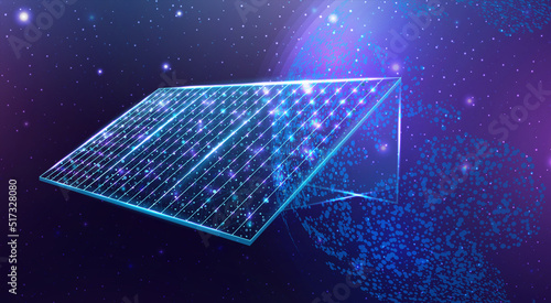 Solar battery, solar panel. Renewable alternative energy concept with glowing low poly panel on dark blue background. Wireframe low poly design. Abstract futuristic vector illustration