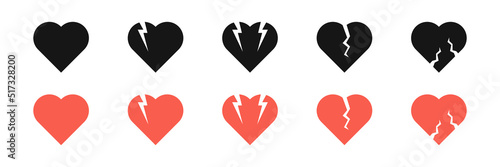Heartbreak icon set. Heart break. Heart broken symbol collection.