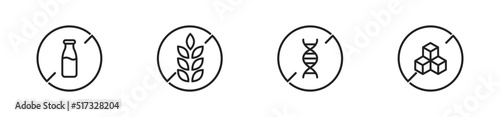 Gluten gmo lactose sugar free icon set. Allergy free product symbol collection. Vector isolated illustration. EPS 10.