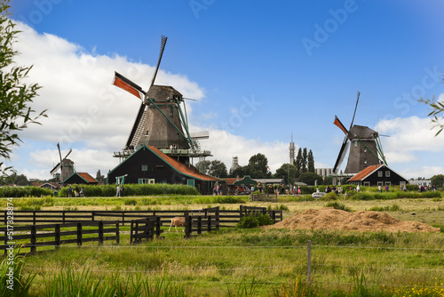 Koog aan de Zaan, Netherlands. July 2022. Dutch landscape with windmills near de Zaanse Schans. photo