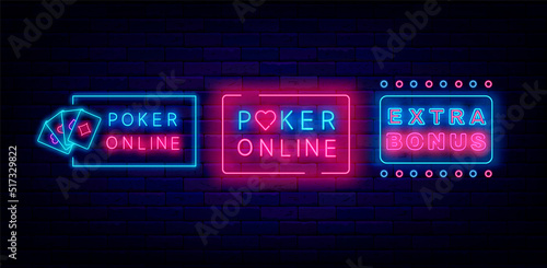 Poker neon signs collection. Extra bonus signboard. Casino labels set. Glowing game badges. Vector stock illustration