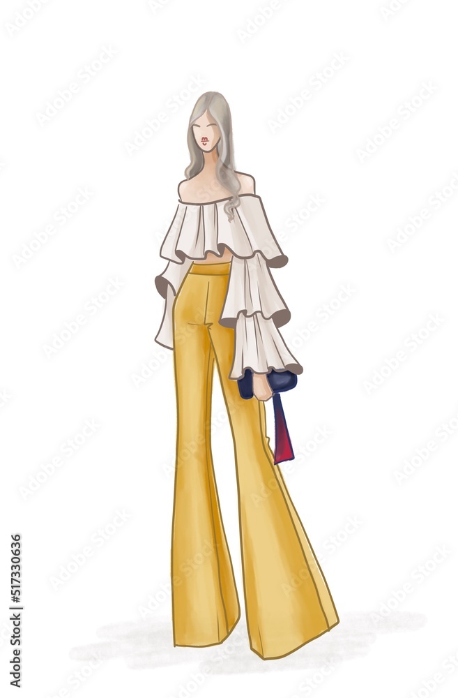 Fashion illustration. A beautiful girl with gray hair in yellow flared trousers and a white crop top with flounces and long sleeves. Bright summer look. Digital art.