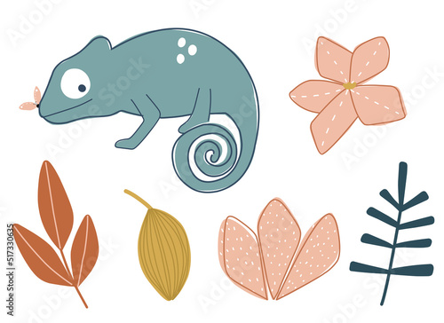 Seamless pattern tropical flowers and chameleon on white background in scandinavian style