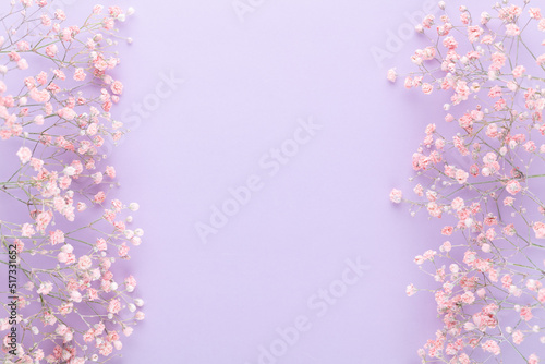 Beautiful flower background of pink gypsophila flowers. Flat lay, top view. Floral pattern.