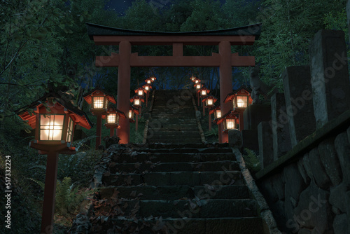3d rendering of an old japanese shrine with red torii gate and wooden illuminated lantern illuminated at night