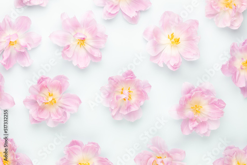 Pink tulips blossom pattern on pastel background.