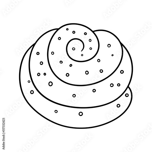 Monochrome picture, Sweet twisted bun sprinkled with sugar, vector illustration in cartoon style