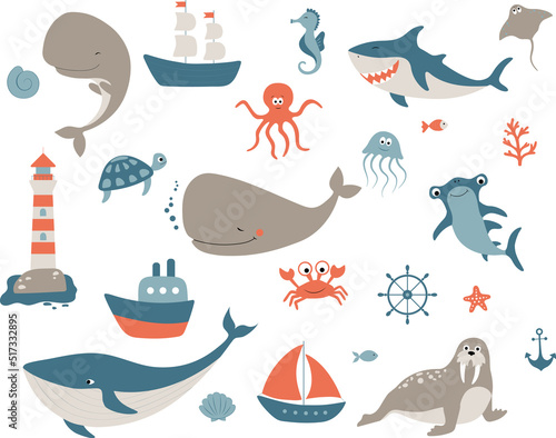 Big sea set. Vector illustration for kids design. Cute ocean animals. Cartoon whale, octopus, fish, medusa, starfish, shark, crab, stingray, turtle, sea horse, walrus, sperm whale, jellyfish. Childish