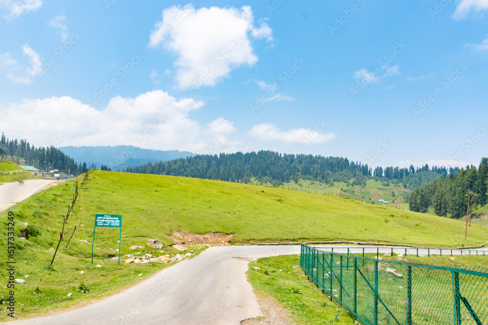 A road leading to Himalayan Mountains through Gulmarg, Jammu and Kashmir, India.