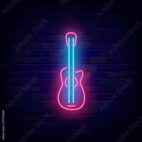 Guitar neon icon. Musical acoustic concert. Musical instrument. Night club logo. Vector stock illustration