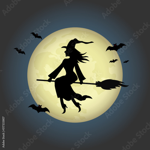 Vector illustration Halloween day. The witch riding a broom through the full moon.