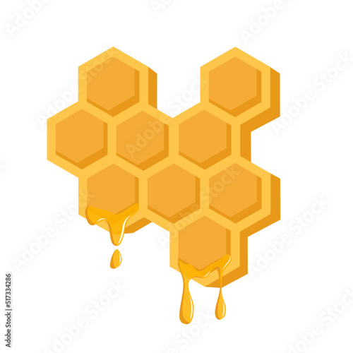 Honey beekeeping icon set with honeycomb, honeybee - bee insects, honey jar, drop, syrup toast. Flat vector illustrations isolated on white background. Organic food design concept