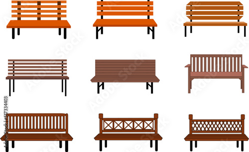 Outdoor wooden benches. isolated on white background. brown vector bench in flat style. Set Vector illustration.