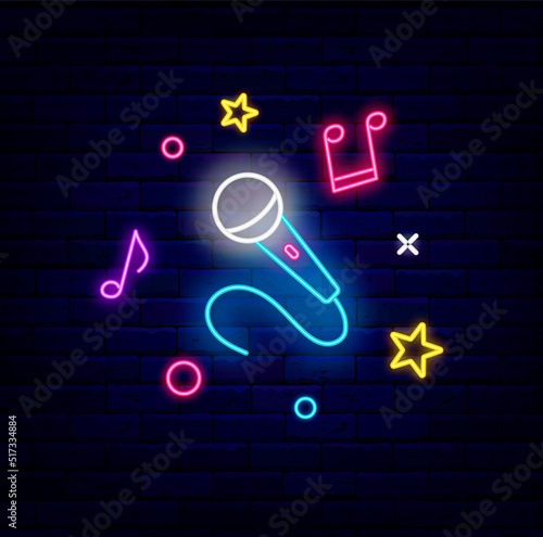 Music neon label. Microphone and notes icons. Karaoke and party sign. Talent show emblem. Vector stock illustration