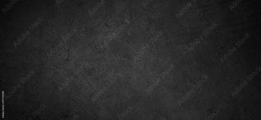 Dark black grunge textured concrete background. Panorama dark grey black slate background or texture