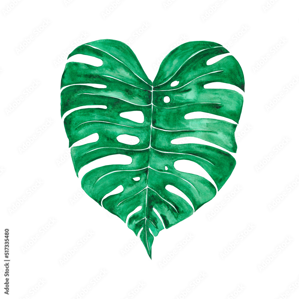Handdrawn Watercolor tropical green leaf on the white background. Scrapbook design, typography poster, label, banner, post card. Handdrawn Watercolor tropical green leaf on the white background. Scrapbook design, typography poster, label, banner, post card.