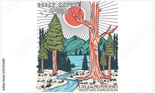 Mountain river and lake adventure print design for t shirt and others. Wild tree artwork for sticker, poster, background. 