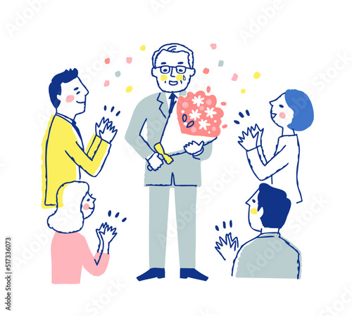 定年退職する男性と労う職場の人々