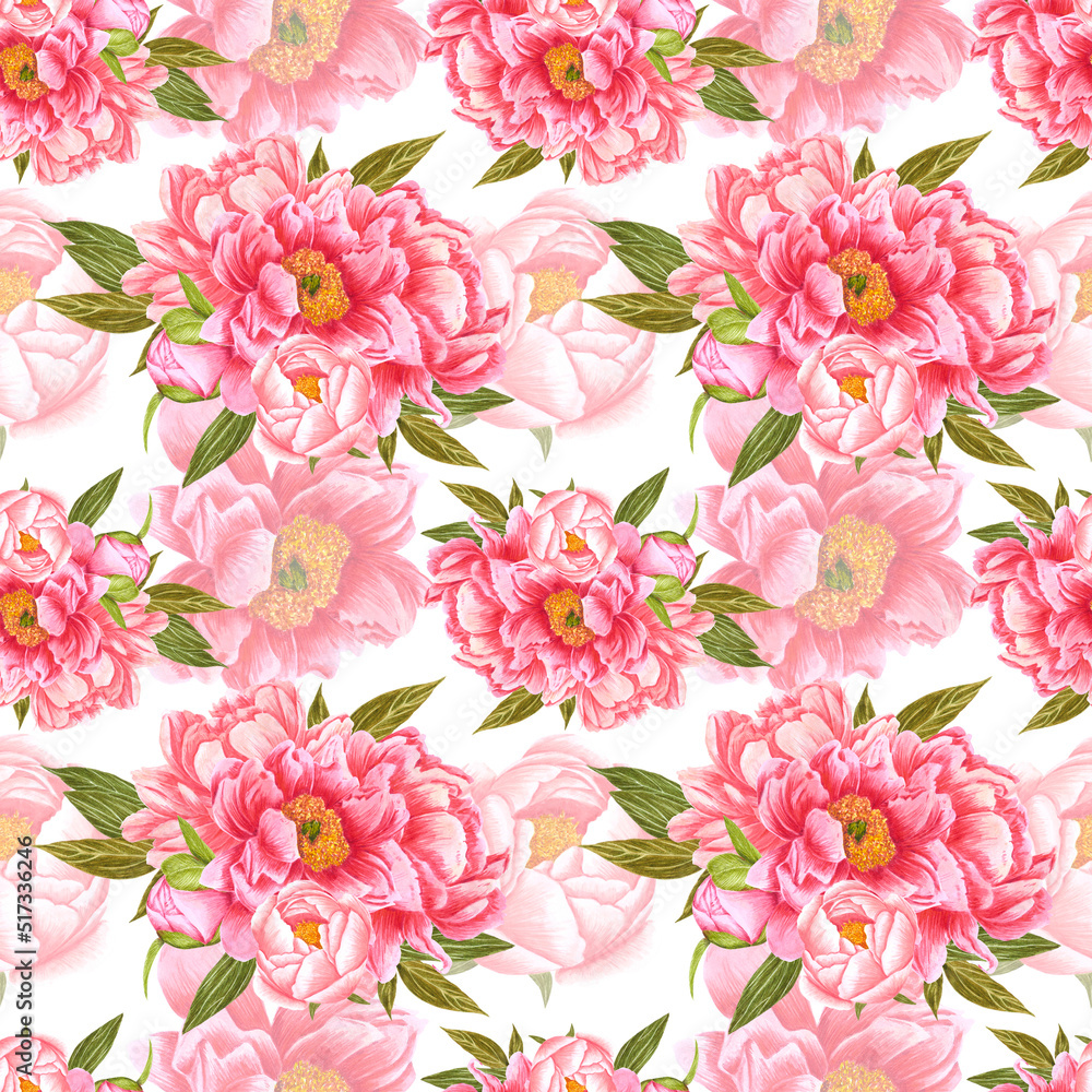 Handdrawn peony flowers seamless pattern. Watercolor red and pink peony with green leaves on the white background. Scrapbook design, typography poster, label, banner, textile.