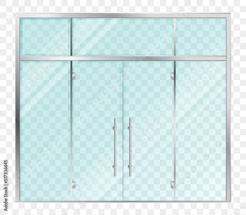 Double panoramic glass doors. Office or supermarket entrance. Mockup entrance double door for store, shop or fashion boutique. Vector transparent glass