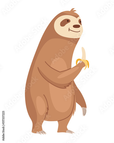 Sloth character eating banana. Cute cartoon sloth-bear character. Funny lazy animal, hand drawn clip art illustration. Jungle rainforest sloth. Tropical mammal or adorable sloth