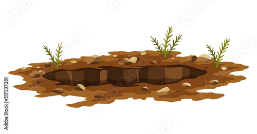 Hole ground. Entrance underground, big crack or ruin. Dirty, dark entrance, detailed drawing in cartoon style. Ground hole, deep pit with grass and stones. Cartoon den of wild animal