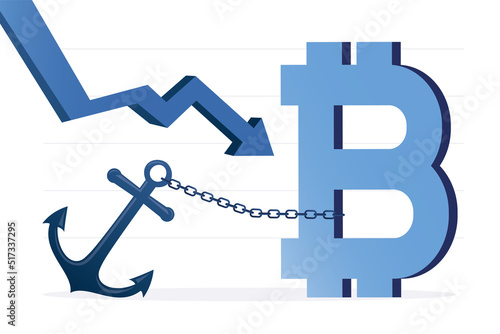 Bitcoin is held in place by large anchor. Fall of cryptocurrency market. Blockchain technology, unprofitable investments in cryptocurrencies. Big drop arrow, bitcoin sale. photo