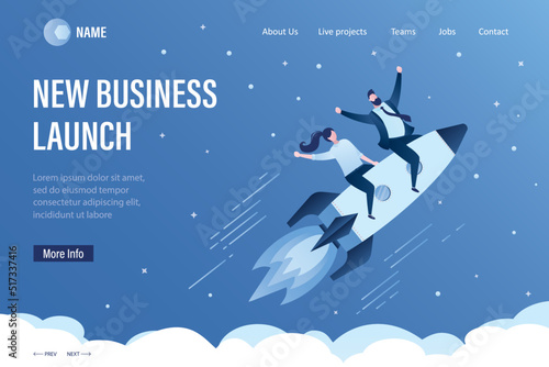 New business launch, landing page template. Spaceship takes off into space. Happy co-founders flying on spaceship. Startup development, business banner concept. Successful project.