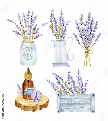 Lavender bouquets in jug, jar and wooden box. Watercolor Provence spa elements