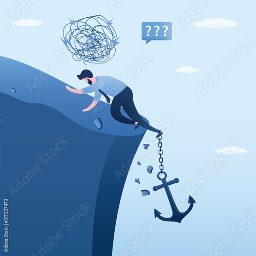 Big anchor pulls businessman into abyss. Burnout at work. Insurmountable obstacles, difficulties, debts. Male entrepreneur cannot crawl away from psychological pressure, mental problems.