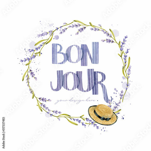 Lavender wreath with bon jour lettering watercolor clipart 
