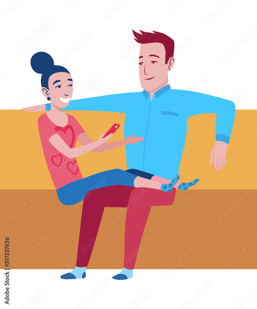 Couple dreams home. Young man and woaman using smartphone while sitting on sofa. People comunication. Making plans for their future home Couple dreams home. Young man and woaman using smartphone while sitting on sofa. People comunication. Making plans for their future home
