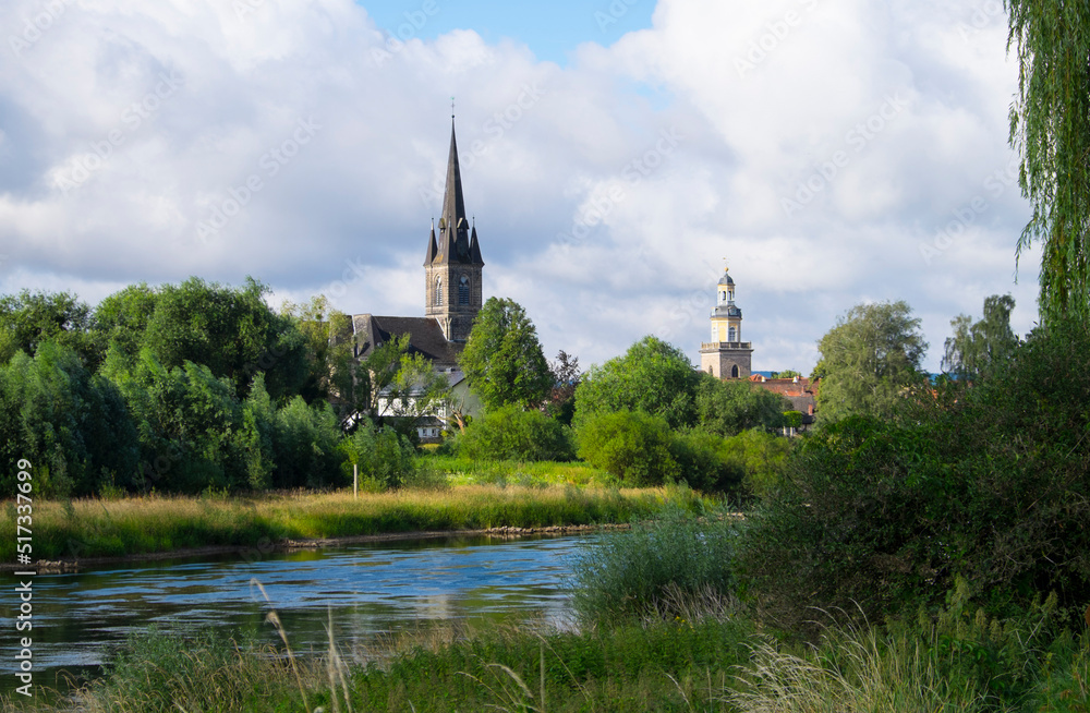River Weser and St. Sturmius Churh in Rinteln, Lower Saxony, Germany July 10, 2022
