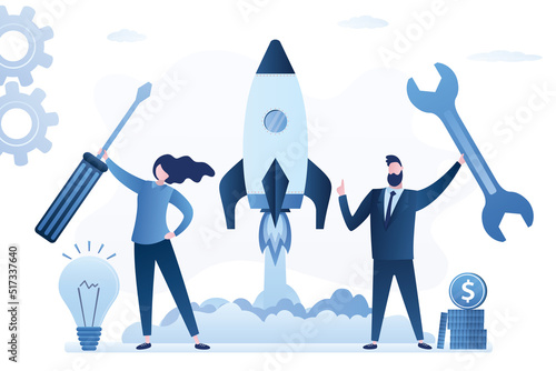 Co-founders hold work tools and launch startup. Businessmen are holding wrench and screwdriver. Rise of new business project. Rocket takes off in sky.