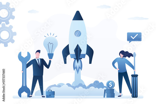 Co-founders launch startup. Businesspeople holds wrench and screwdriver. Rise of new business project. Rocket takes off in sky. Development and management of successful startup.